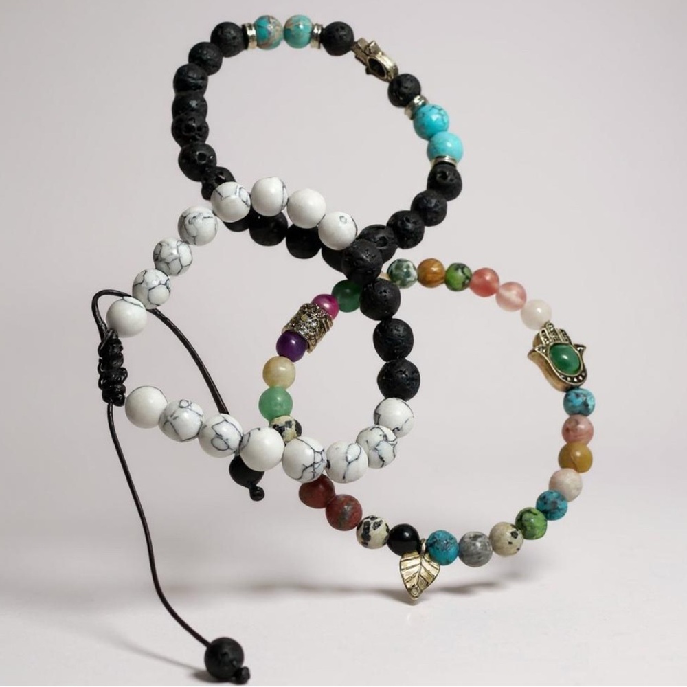 3-Piece Natural Stone Bead Bracelet Set – Lava Rock, Howlite, Chakra Gemstones